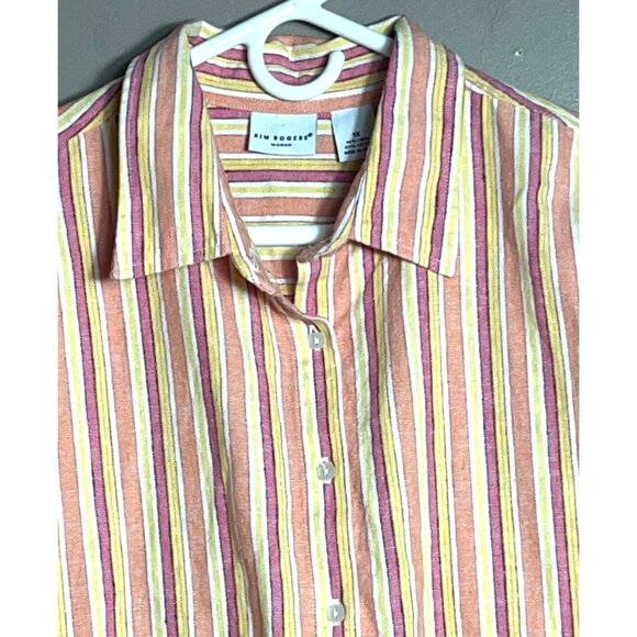 Kim Rogers Pure Linen Shirt Button Up Long Sleeve Peach Stripe Classic Womens 1X - Picture 4 of 11
